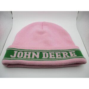 John Deere Pink Knit Beanie Hat With Green Logo Band One Size Acrylic Made In Ch